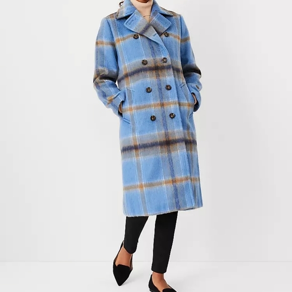 Blue Plaid‎ Double-Breasted Women's Coat. NWOT So Soft. Size Large Petite. - Picture 1 of 12